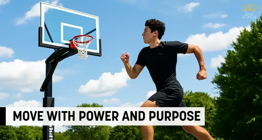 Young man running near outdoor basketball hoop under blue sky.