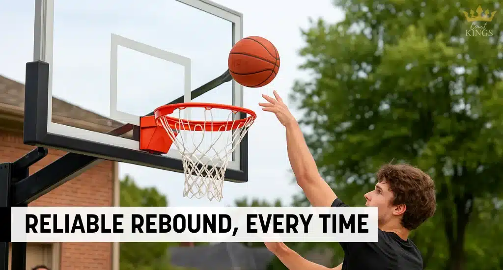 Teen jumping to rebound basketball off glass backboard.