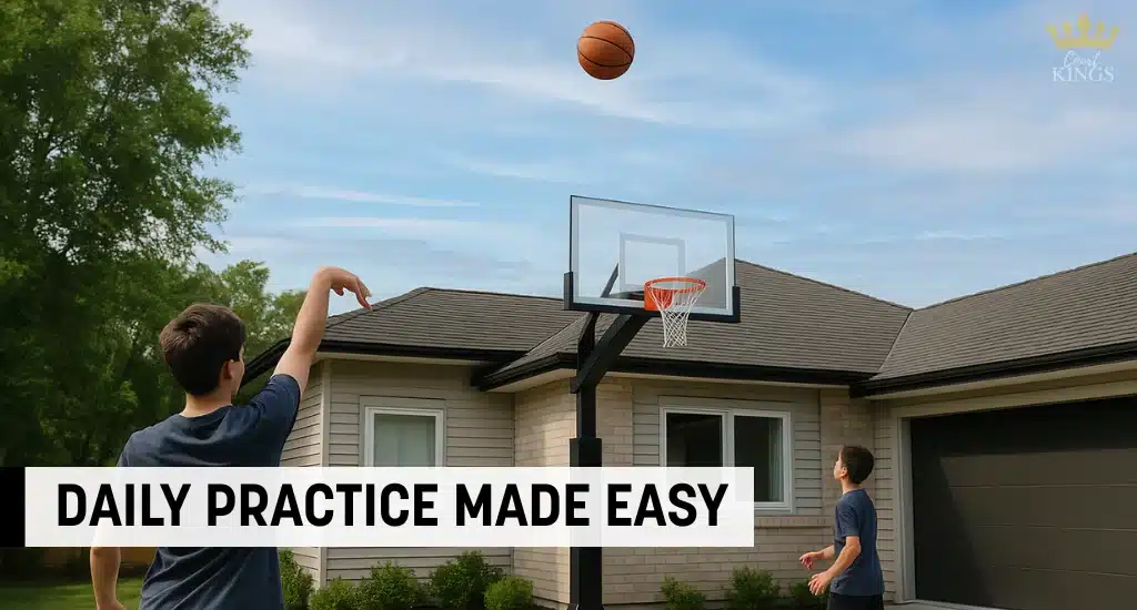 Two boys shooting basketball on driveway hoop outside home.