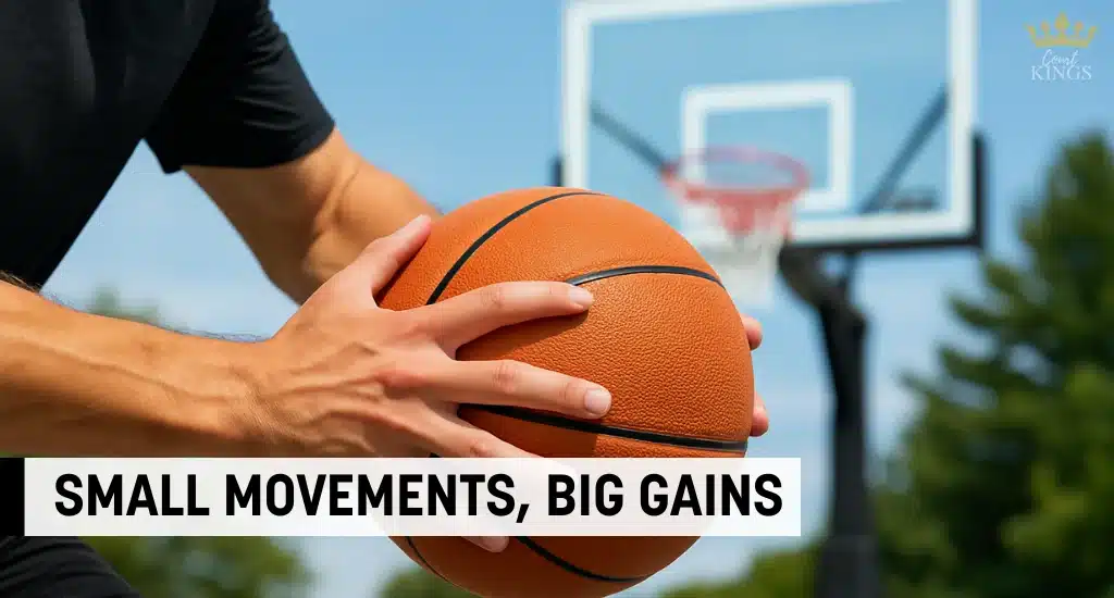 Close-up of hands holding basketball near hoop outdoors