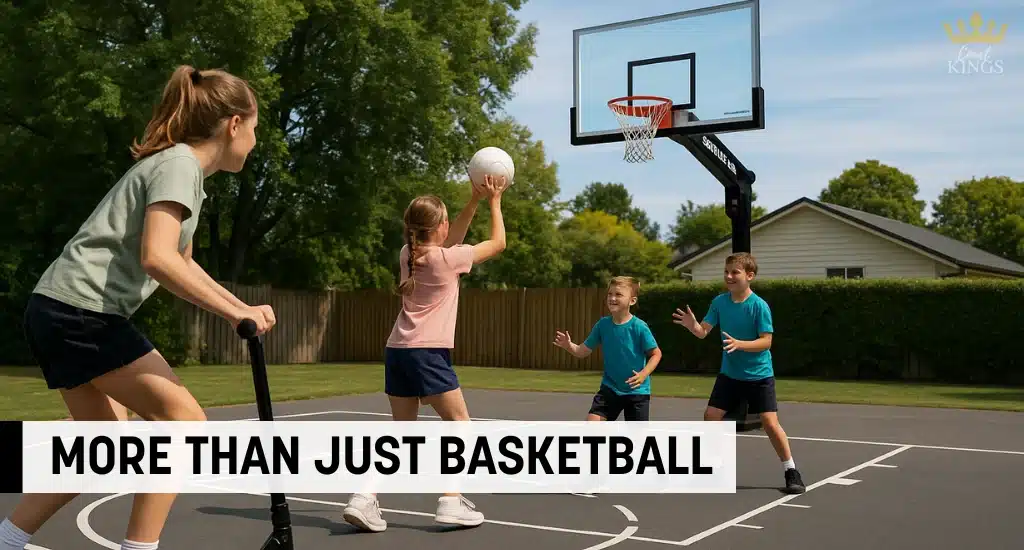 Children playing different games on backyard hoop court.