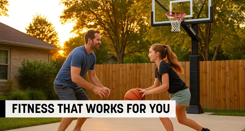 Father and daughter playing basketball in backyard at sunset.