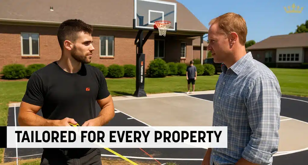 Two men discussing court setup on custom residential basketball court.