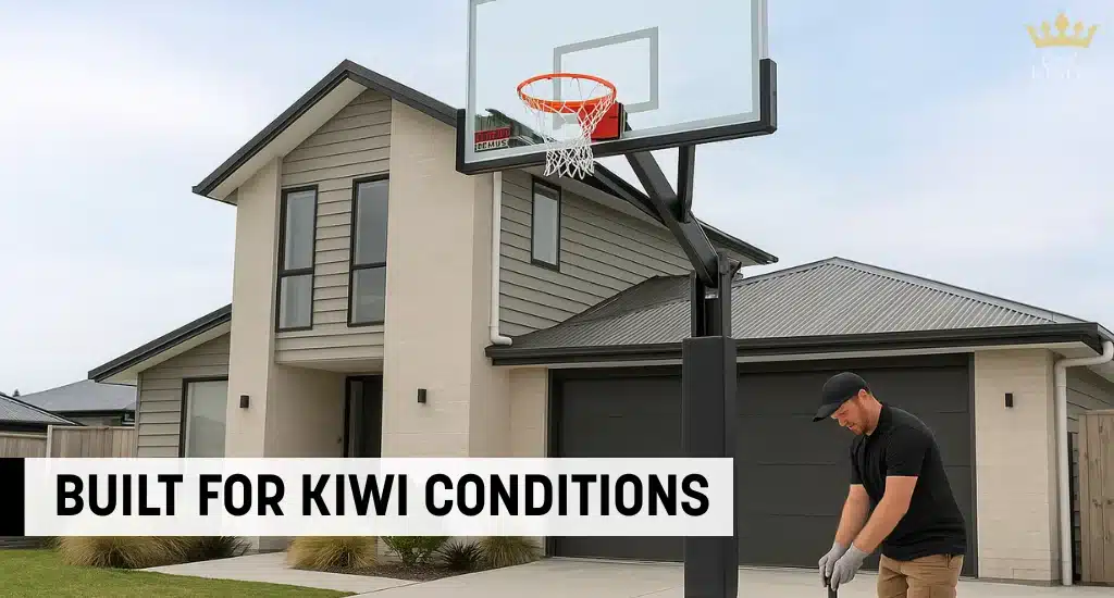 Man setting up basketball hoop in front of New Zealand home.
