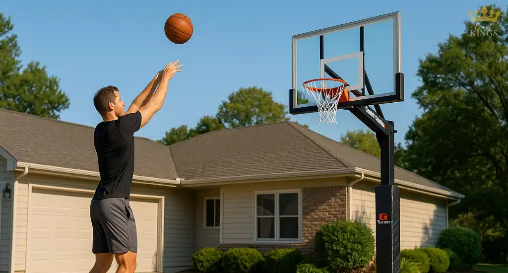 Man shooting basketball at home driveway hoop system.