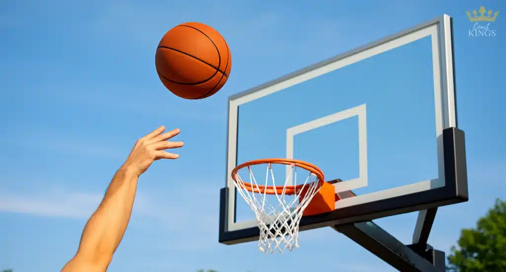 Player shooting basketball toward hoop under clear blue sky.