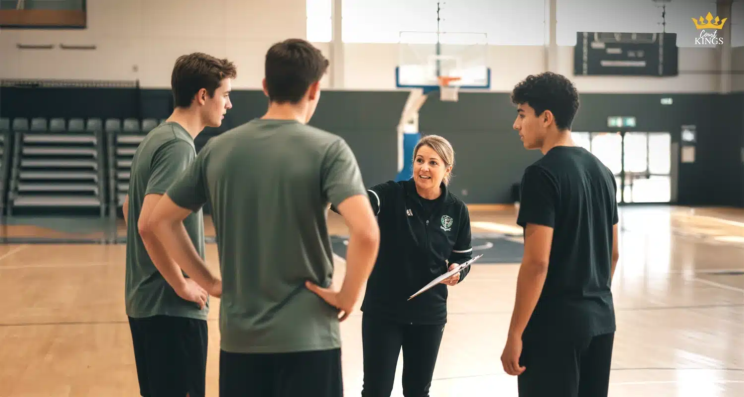Coach discusses drills with three players on an indoor basketball court, illustrating basketball regulation in NZ with clear court markings and a hoop in the background.