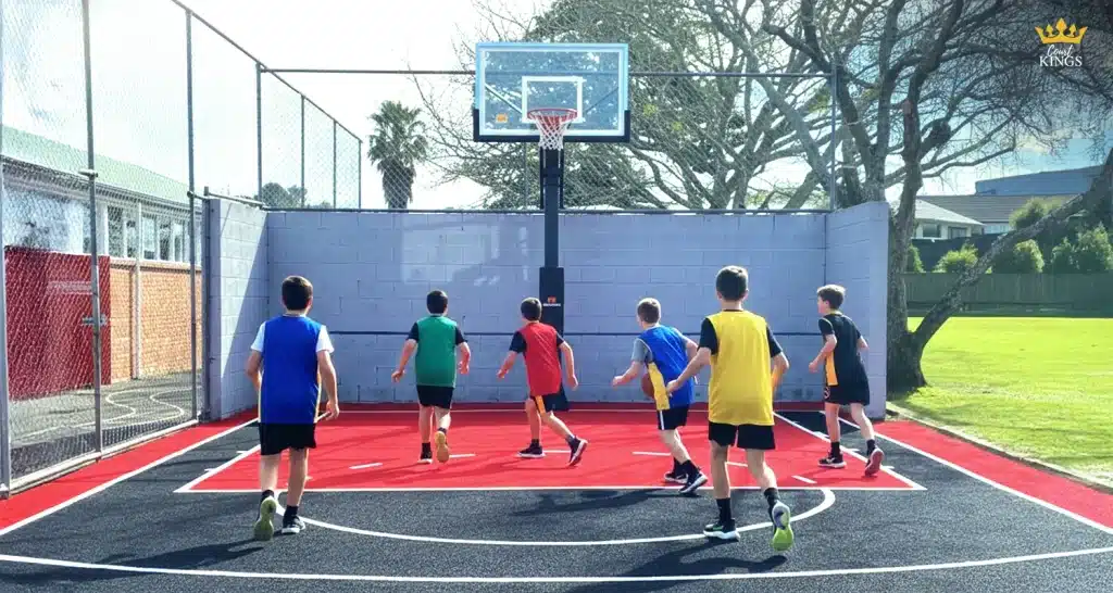 Children play a game on a fenced school basketball court with clear key and hoop, showing basketball regulation in NZ