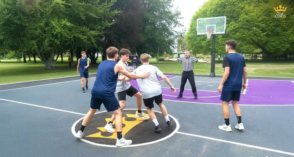 Referee oversees a play on an outdoor basketball court in New Zealand, with players contesting near the key and a glass backboard in a park setting.