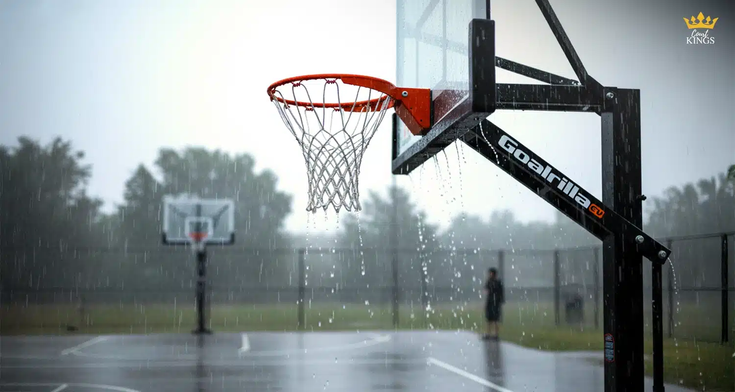 Outdoor basketball hoop in heavy rain with a tempered glass backboard and powder coated steel frame, useful when choosing the best material for an outdoor basketball hoop