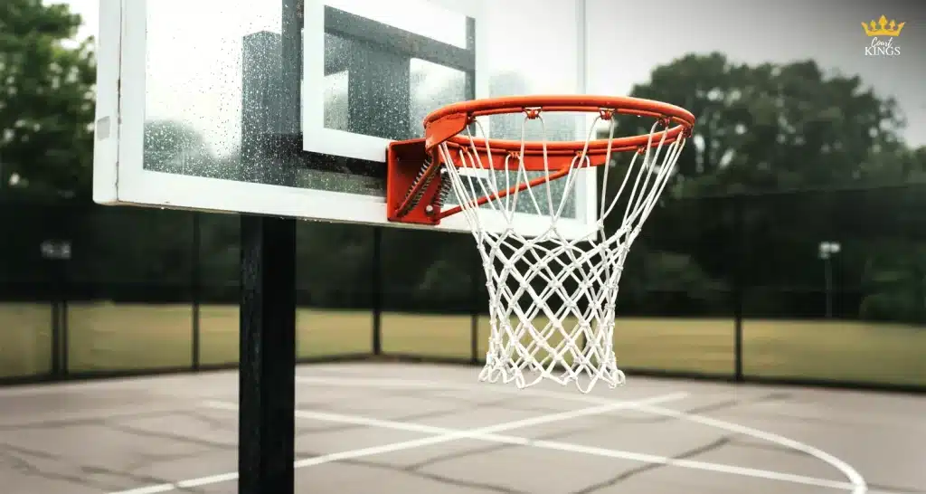 What is the best material for an outdoor basketball hoop: tempered glass backboard and steel rim Close up of an outdoor basketball hoop with a tempered glass backboard, powder coated steel pole and rim, and a nylon net on a court