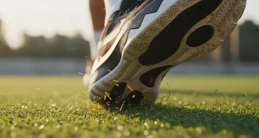 Sports shoe on ProBaller turf for backyard court performance and grip